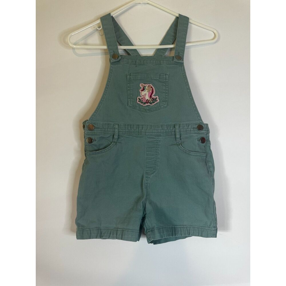 365 Kids Girls Aqua Turquoise Overall Shorts Unicorn Patch Size 10